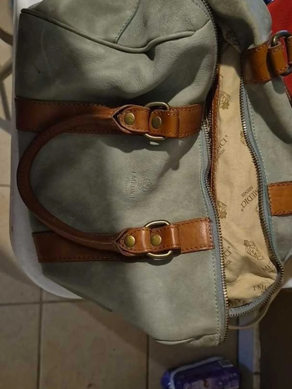 I Medici Firenze Green Leather Duffel with Brown Trim